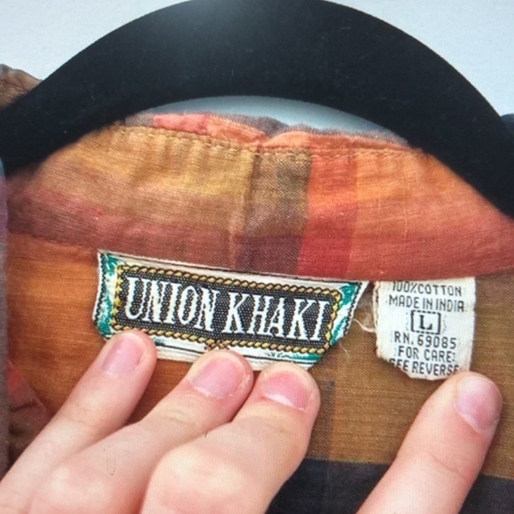 Men’sVintage 70s Union Khaki Brown Plaid Short Sleeve Cotton Shirt Size Large - Picture 2 of 6